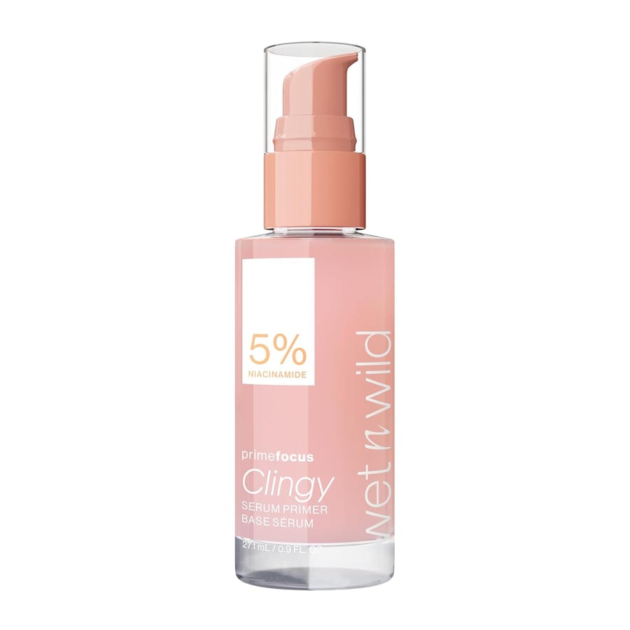wet n wild Prime Focus Clingy Serum Primer, Hydrating & Brightening with 5% Niacinamide & 8% Glycerin, Long-Lasting 16-Hour Wear برايمر سيروم برايم فوكس كلينجي من ويت اند وايلد، مرطب ومفتح للبشرة مع 5% نياسيناميد و8% جلسرين، يدوم طويلاً لمدة 16 ساعة