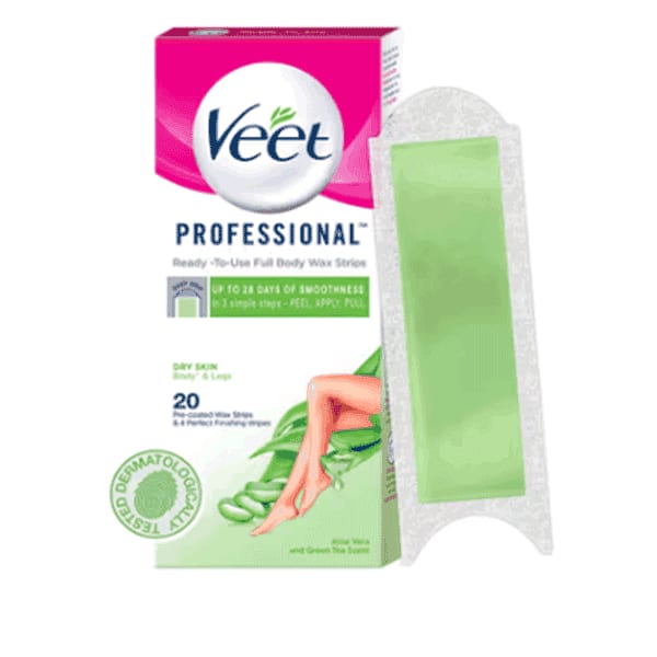 شرائح إزالة الشعر بالشمع لكامل الجسم من فيت للبشرة الجافة (20 شريحة) فرنسي Veet Full Body Waxing Strips Kit Hair Removal for Dry Skin
