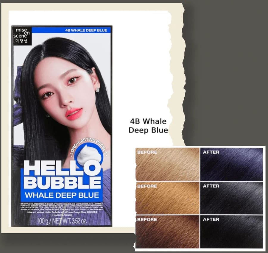 صبغة الشعر من ميز أون سين، هيلو بابل فوم، لون أزرق داكن 4B Mise En Scene All New Hello Bubble Foam Hair Colour Kit, 4B Whale Deep Blue