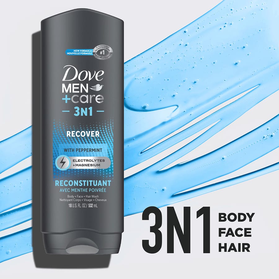 Dove Men +Care 3in1 Recover With Peppermint Body+Face+Hair Wah - 532ml دوف مين+كير غسول ما بعد التمرين 3 في 1 (للجسم والوجه والشعر) بنكهة النعناع، ​​4 عبوات، غني بالإلكتروليتات والمغنيسيوم، 18 أونصة