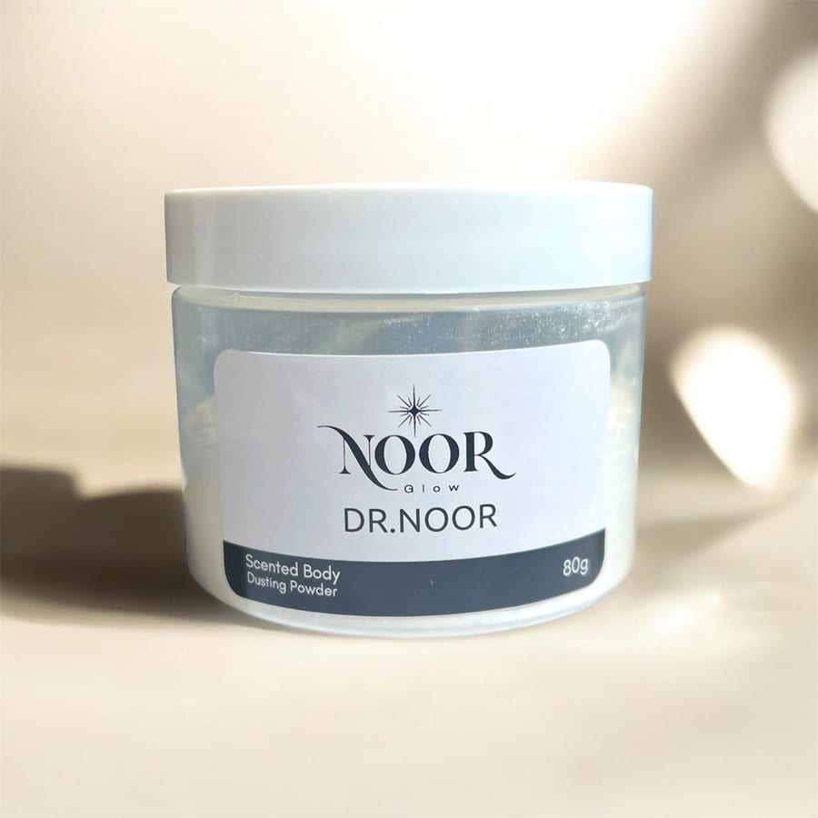 NOOR GLOW DR NOOR SCENTED BODY DUSTING POWDER 80G نور كلو بودرة الجسم العطرية د نور للبشرة الحساسة خالية من العطور
