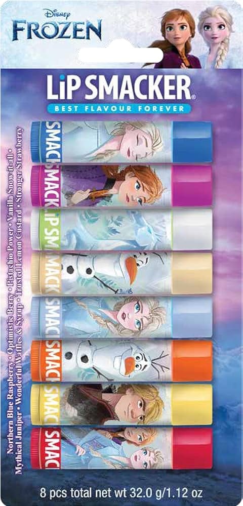 Lip Smacker Disney's Frozen Party Pack, Colorful Frozen مجموعة هدايا ليب سماكر المستوحاة من فيلم فروزن من ديزني، مجموعة هدايا ملونة مكونة من 8 قطع تتضمن مرطبات شفاه بنكهات آمنة للاستخدام للأطفال، بلمسة نهائية طبيعية