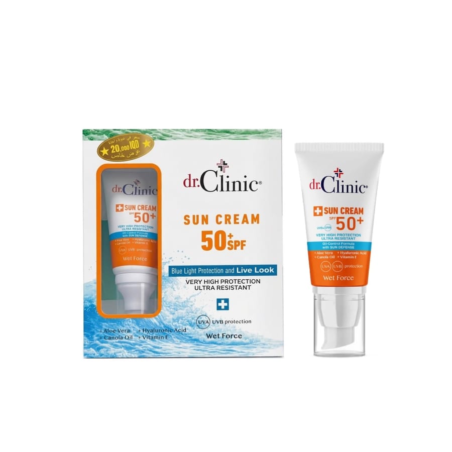(DR.CLINIC Sun Cream Spf50+ Very High Protecion Ultra Resistant 50ml (1+1 FREE دكتور كلينك واقي من اشعة الشمس مقاوم للماء