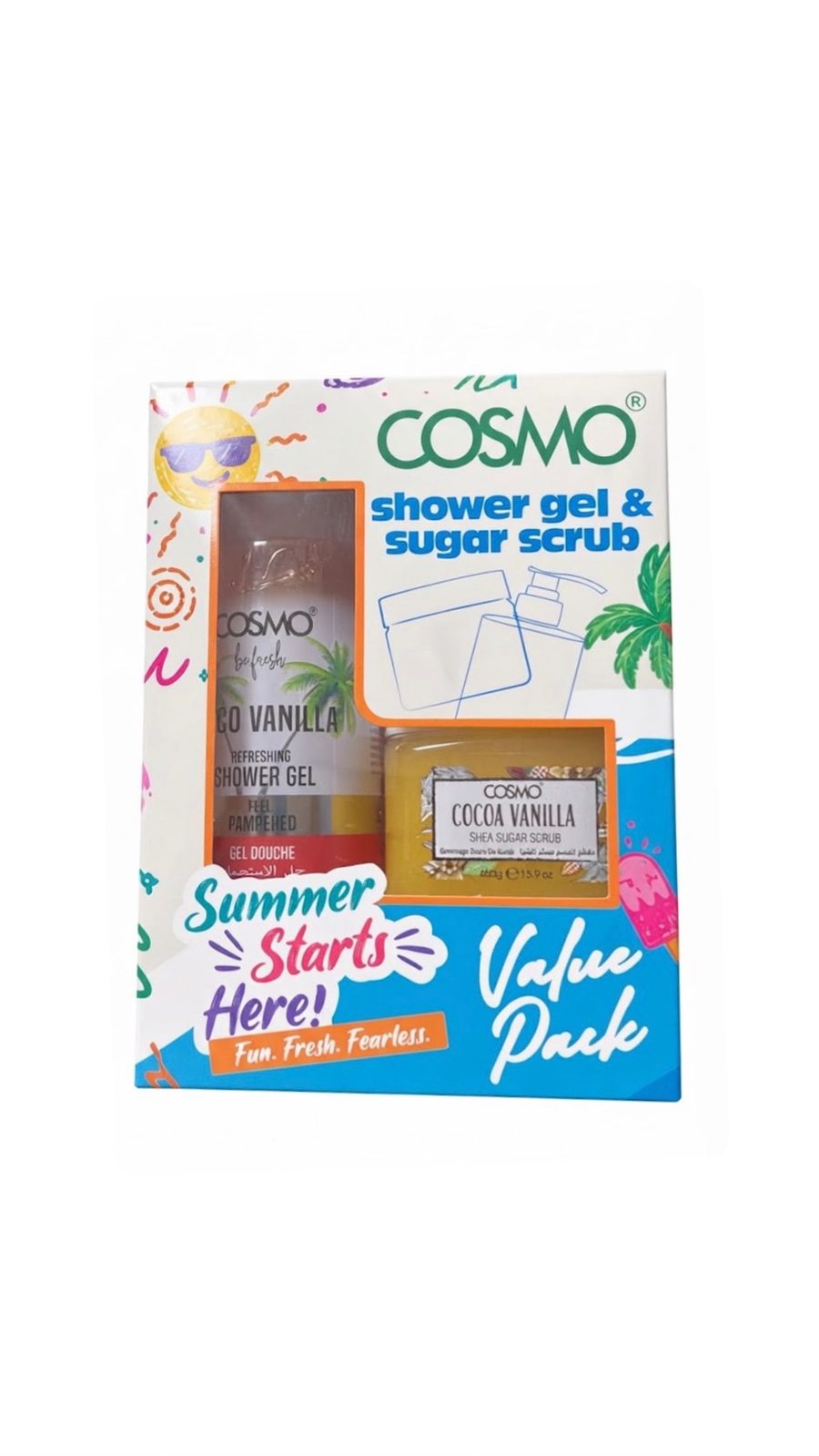 COSMO SHOWER GEL & SUGAR SCRUB COCOA VANILLA 500ml ،450g كوزمو مجموعة العناية بالجسم كوكو فانيلا