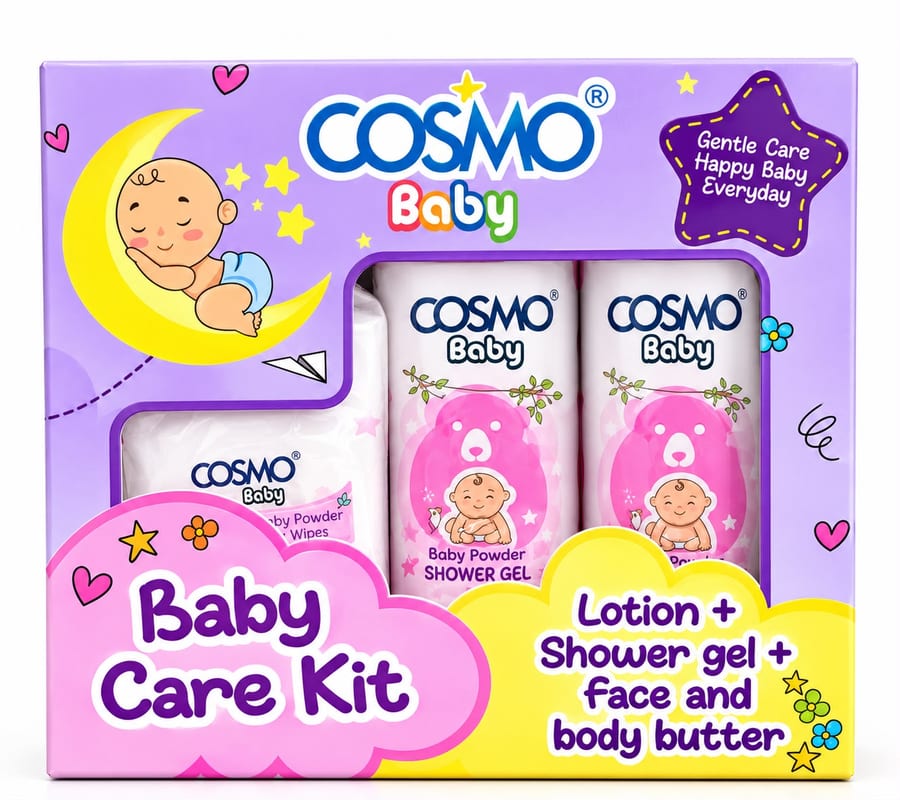 COSMO BABY CARE KIT (LOTION + SHOWER GEL + FACE AND BODY BUTTER) كوزمو بكج استحمام متكامل للعناية بالطفل baby powder